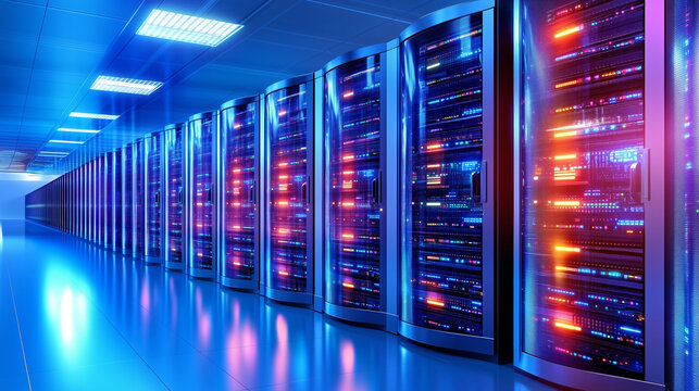 Rows of sleek servers fill a modern data center, with glowing LED lights creating a vibrant atmosphere. The space is illuminated with cool blue and purple tones, enhancing the technological vibe
