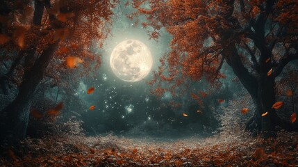 Autumnal forest night, full moon, falling leaves, magical atmosphere, fantasy background