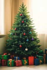 A Christmas tree decorated with ornaments and surrounded by presents. The scene conveys a sense of joyful anticipation for the holiday season.