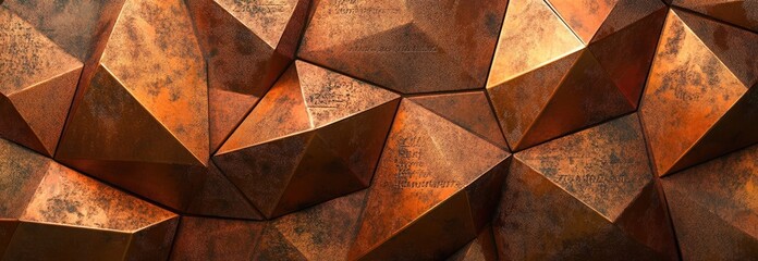 Abstract background made of copper with triangular shapes and the inscription