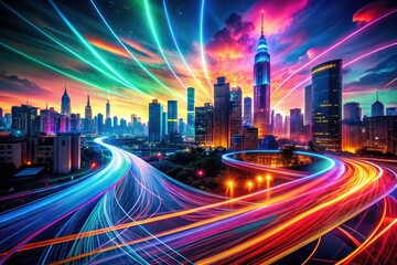 Obraz premium Abstract glowing lines illuminate a dark, futuristic city at night, creating mesmerizing light trails.