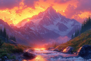 Majestic Mountain Sunset Over River Valley Landscape