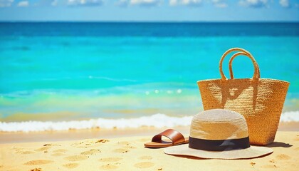 Summer accessories on golden sand with turquoise sea backdrop