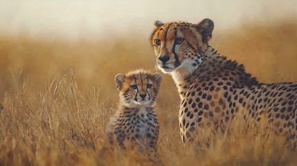 Naklejka premium Heartwarming moment between a mother cheetah and her cub in golden grassland