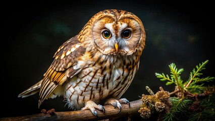 Macro lens captures a hunting tawny owl's detail, its feathers and fierce gaze in a forest at night.