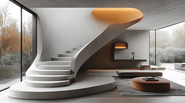 Modern curved staircase in minimalist living room with large windows and autumnal view.