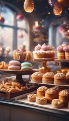 Assorted pastries in a festive bakery setting.