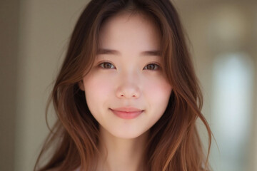 young woman with long dark brown hair almond eyes smiling warm