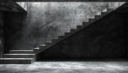 A dimly lit, modern staircase in a minimalist concrete space, emphasizing clean lines and a stark, industrial aesthetic.