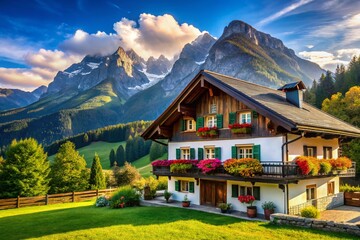 Obraz premium Traditional Austrian Architecture with Stunning Mountain View