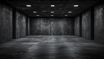 A dark, empty room with concrete walls and a textured floor, illuminated by overhead lights, creating a somber atmosphere.
