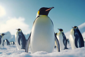 Fototapeta premium Emperor penguin in the foreground, with a group of penguins against a backdrop of a bright blue sky and snowy landscape, highlighting the majestic wildlife of Antarctica.