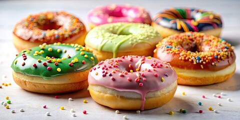 Mouthwatering glazed and sprinkled donuts against a pristine white backdrop. Perfect for bakery marketing.