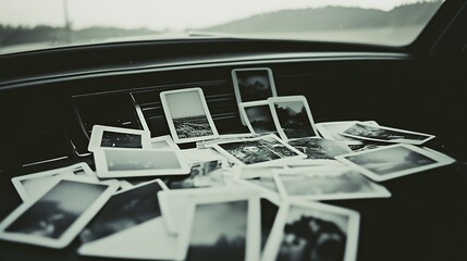 A collection of vintage photographs lies scattered across a car dashboard, capturing past road trip adventures, as raindrops blur the windshield, evoking a deep sense of nostalgia and wanderlust