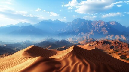 Fototapeta premium A stunning desert landscape featuring rolling sand dunes, majestic mountains in the background, and a captivating sky with clouds.