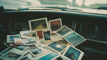 A collection of vintage photographs lies scattered across a car dashboard, capturing past road trip adventures, as raindrops blur the windshield, evoking a deep sense of nostalgia and wanderlust