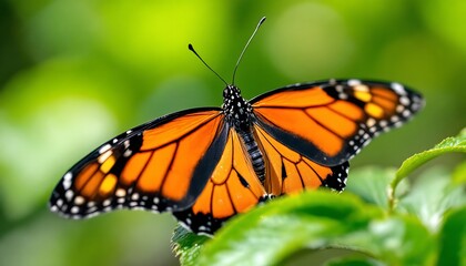 Monarch Butterfly Vibrant Wings Green Leaf Background Nature Beauty