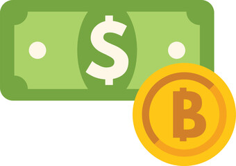 This financial icon shows a bitcoin replacing a dollar, as a symbol for cryptocurrency replacing fiat currency