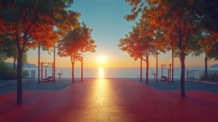 A beautiful sunset over the ocean with a park in the background