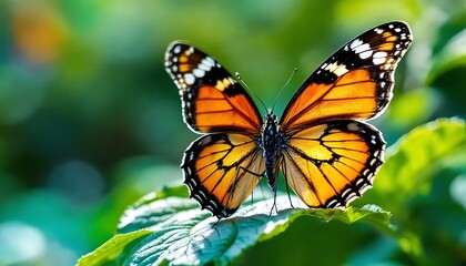 Fototapeta premium Orange Butterfly on Green Leaf Vibrant Nature Scene