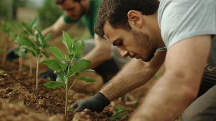 Fototapeta premium Young men actively planting seedlings in a vibrant farm setting