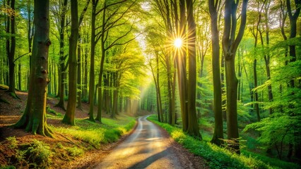 Obraz premium Tranquil Path in the Ardennes Forest, Springtime Serenity