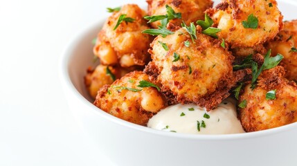 Fototapeta premium Crispy golden fried cauliflower bites served with creamy dipping sauce in a white bowl.