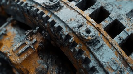 Close-up of rusty, weathered industrial gears and machinery components.