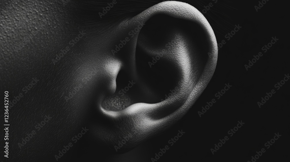 Poster black and white close up of a human ear, highlighting the intricate details of its structure and sug