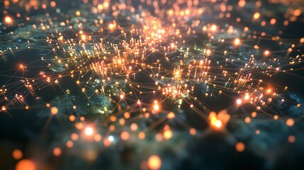 A top-down view of a global map covered in glowing data nodes and connections, representing global Big Data exchange, with dynamic motion blur adding a sense of speed and innovation.