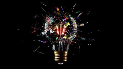A traditional electric bulb captured in the precise moment of explosion, shards of glass flying outward, illuminated by a burst of multicolored lights against a deep black background, symbolizing 