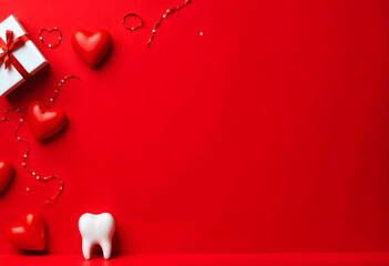 Red background with white gift box, red hearts, red confetti, and a single white tooth. Valentines Day dental theme. Festive and cute.
