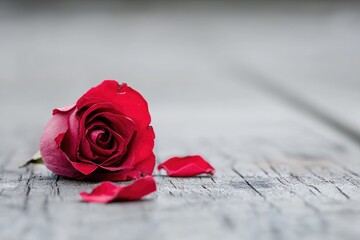 Red rose lies on weathered wood, with petals scattered, for romantic events.