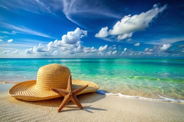 Turquoise Ocean Beach Escape with Starfish and Hat