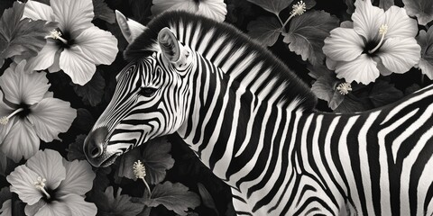 Zebra laying down with its head resting on the flowers.
