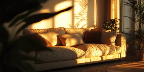 Spacious living room at sunset, featuring a large tan couch with accent pillows, set against the backdrop of warm sunlight streaming through the windows.