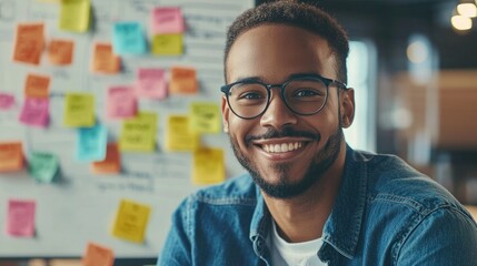 Smiling Young Man in Office Setting with Sticky Notes