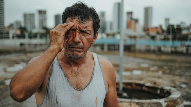 man wiping sweat from his forehead, looking exhausted in urban setting, Global Warming and Climate Crisis Themed
