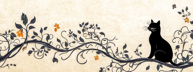 Black cat silhouette sitting on floral branch ornament