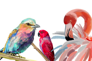 Иллюстрация Vibrant Exotic Birds Watercolor Illustration – Flamingo, Parrot, and Tropical Bird in Artistic and Colorful Style for Posters, Prints, Home Decor, Textile Design, Invitations, без названия