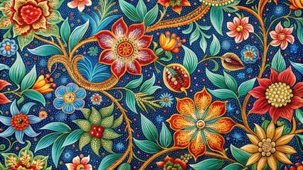 Intricate floral motifs in vibrant colors on traditional Malaysian batik fabric with geometric patterns and natural elements like leaves and stems , traditional, flowers