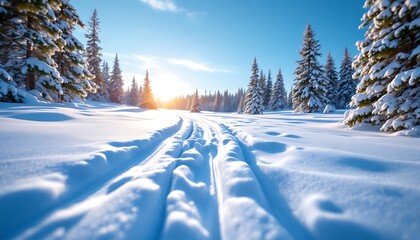 Obraz premium Snowy Winter Trail Through Snow Covered Pine Forest Sunset Scene