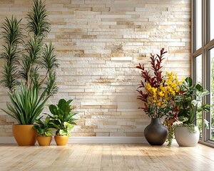 Fototapeta premium Sunlit room with stone wall, potted plants, and hardwood floor.