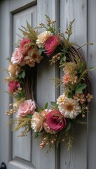 Fototapeta premium Colorful floral wreath hanging on a gray door creating a welcoming and festive entrance decoration