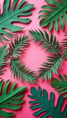 A stunning arrangement of tropical green leaves encircles a blank space on a lively pink backdrop, creating a fresh and inviting atmosphere. This vibrant composition evokes feelings of summer and