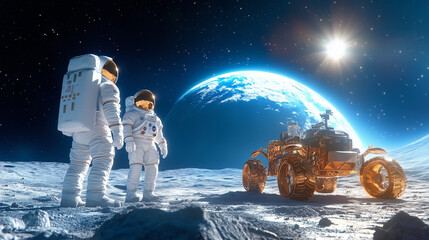 Obraz premium Two astronauts in space suits stand on the Moon's surface, gazing at Earth and a golden lunar rover parked nearby under bright sunlight