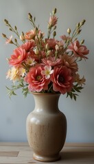 Elegant pastel-colored flowers in a vintage ceramic vase placed on a wooden table