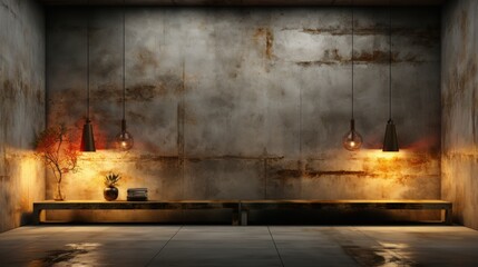 Obraz premium Rustic Industrial Interior Design: Warm Lighting and Concrete Wall