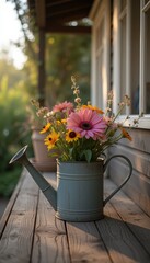 Brightly colored flowers in a watering can set on a wooden deck with sunlight streaming through the window