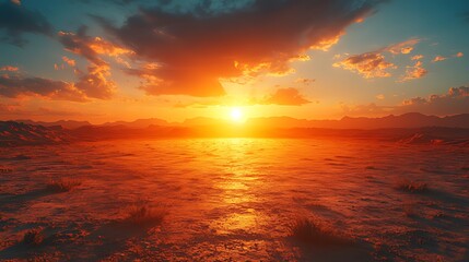 Fototapeta premium Vibrant sunset over a vast, flat desert landscape.